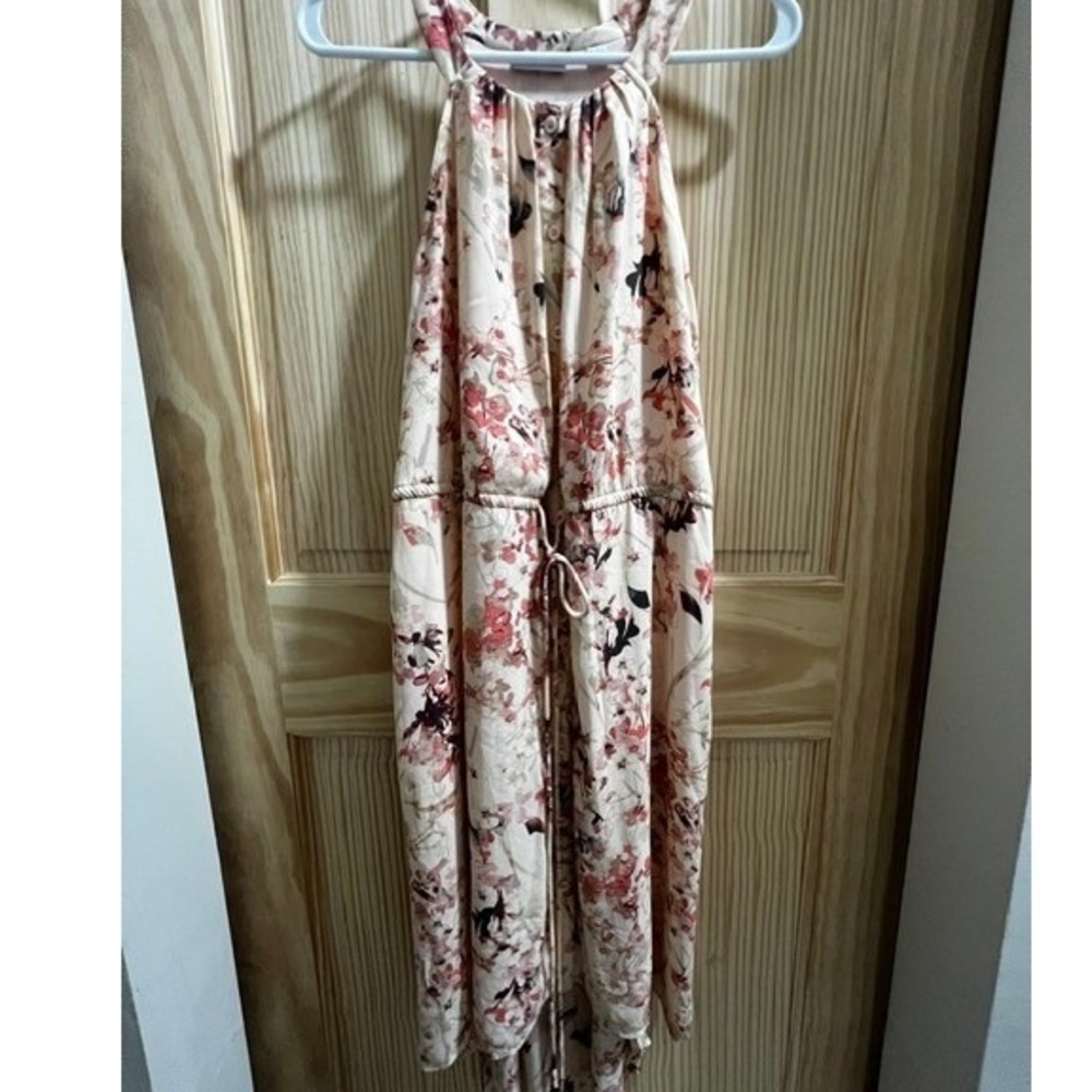 New York & Company Dress Womens M Pink Floral Halter High Low Drawstring Waist